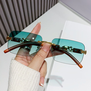 Cheetah Decorated Wood Grain Frameless <b>Sunglasses</b> <b>Gradient</b> Color Unisex Retro Metal UV400 Protection - Product Image 2