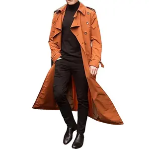 Abrigo largo con estampado de logotipo para hombre, trench con bolsillos laterales de manga larga, doble botonadura, solapa, Otoño y otoño