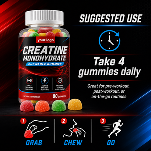 Gummies de Créatine Monohydrate Véganes Certifiées ISO GMP en Gros pour l'Énergie, la Force et la Performance Sportive (Alpha GPC, Taurine) - Product Image 1
