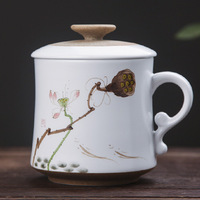 Tasse à thé en céramique de Jingdezhen, style américain, cylindrique, avec couvercle, peinte à la main, compatible micro-ondes, 380 ml, tasse professionnelle