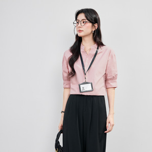 Women's Short Sleeve Shirt <b>Stand</b> Collar Solid Color Cotton <b>Work</b> Office Wear 2026 New OL Commute Interview Top - Product Image 3