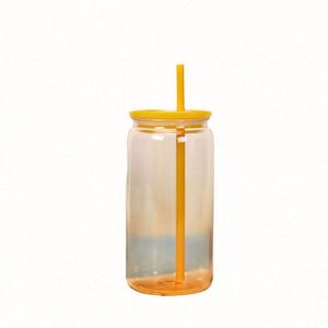 AGH 16oz Eco Jelly Clear Straight Glass Tumbler Striped Colored <b>Plastic</b> Lid and <b>Straw</b> Sublimation Mug - Product Image 1