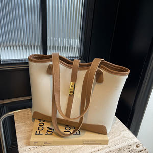 Sac fourre-tout patchwork beige et marron, design simple, sac à main mode femme - Product Image 6