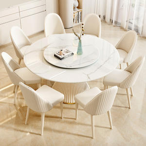 Table à manger ronde contemporaine avec plateau en marbre blanc et piédestal à colonnes cannelées pour mobilier de salle à manger moderne - Product Image 2