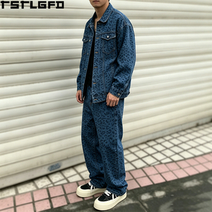 Cut And <b>Sew</b> Leopard Print Denim <b>Set</b> Heavyweight Vintage Wash Baggy Streetwear Two Piece Jacket Pants Wholesale Bulk - Product Image 4