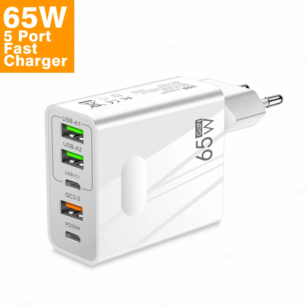 Universal 65W 5 USB Port 2C 3U Fast Wall Socket With UK EU US Plug QC3.0 PD20W Type USB C Wall home Charger