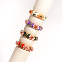 Cincin Wanita Gaya Cina Trendi Terbaru, Berlapis Emas, Tembaga, Motif Bunga Enamel Warna-warni, Model Cuff Terbuka