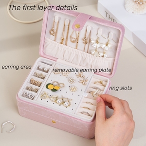 Factory Custom Logo Portable <strong>Pink</strong> 3 Layer Travel Jewellery Storage Organizer Case Blue Green Velvet <strong>Jewelry</strong> <strong>Box</strong> - Product Image 2