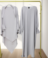 Ensemble Deux Pièces en Crêpe Dubaï Turque, Abaya Couleur Unie + Khimar Double Voile, Robe de Prière Musulmane pour Femmes, Ensemble Abaya Musulmane