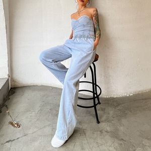 <span class=keywords><strong>Jean</strong></span> à jambe droite pour femme, ensemble de <span class=keywords><strong>Top</strong></span> et pantalon en <span class=keywords><strong>Jean</strong></span> bleu, sans déchirure, collection printemps 2023 - Product Image 3