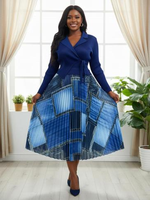 Robe midi plissée à manches longues et devant croisé pour femme, dernière tendance, 100 % polyester, imprimé patchwork denim, élégante pour le bureau ou les soirées