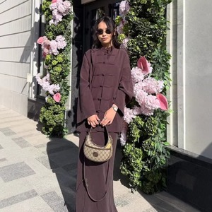 2026 Wholesale Summer Neo-Chinese <strong>Linen</strong> 2 Piece Set Frog Button Tunic and <strong>Maxi</strong> <strong>Skirt</strong> Periwinkle Modest Women Elegant Suit - Product Image 4