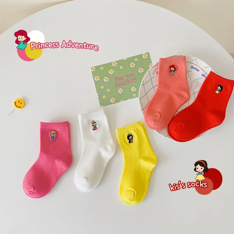 Chaussettes pour enfants et bébés, ensemble de 3 pièces de couleur bonbon avec broderie, vente en gros pour filles et garçons