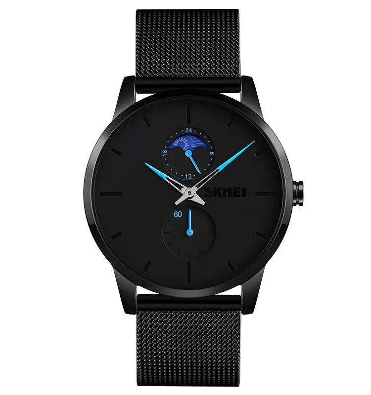 Fashion Design Skmei 9208 Black Stainless Steel Moon Phase Quartz Wrist Watch for Men Mesh Watches