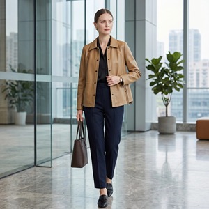 Nouvelle <span class=keywords><strong>veste</strong></span> en <span class=keywords><strong>cuir</strong></span> kaki pour femme, col à revers, bouton unique, cordon de serrage réglable, poche latérale, manteau court - Product Image 1