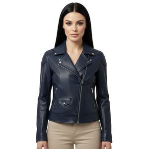 Veste de moto en cuir bleu marine pour femmes en gros, veste de motard en peau de mouton véritable personnalisée pour les commandes en gros, vêtements d'extérieur professionnels - Product Image 1