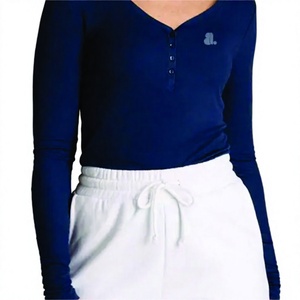 Camiseta Henley de Manga Larga con Cuello Redondo para Mujer, Color Sólido, Corte Regular, Informal, Algodón Orgánico, Ecológica, Transpirable, Manga Completa - Product Image 1