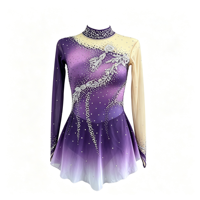 Robe de patinage artistique dégradé violet, col montant, manches longues, jupe à strass scintillants pour enfants et adultes, compétition et performance