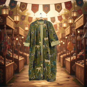 Vestido Largo de Algodón para Mujer, Estampado de Animales de la Selva, Estilo Étnico, Diseño en Capas, Frente Abierto, Boutique de Verano, Teñido Liso - Product Image 1