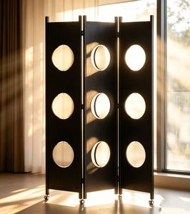 Premium 3-<b>Panel</b> Folding Room Divider Black Wood Circular Cutout <b>Mirror</b> Privacy Screen With Wheels For Living Room - Product Image 3