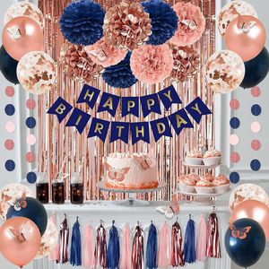 Décorations de fête d'anniversaire et de remise de diplôme bleu marine et or rose - Rideaux à franges, nappe en aluminium, confettis, ballons, bannières papillons - Product Image 4
