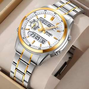 SKMEI นาฬิกาข้อมือดิจิทัลกันน้ำสำหรับผู้ชาย, นาฬิกาสแตนเลสสตีลมี3เวลาด้าน<span class=keywords><strong>หลัง</strong></span>มีไฟ<span class=keywords><strong>นับ</strong></span>ถอย<span class=keywords><strong>หลัง</strong></span>นาฬิกาควอทซ์สปอร์ตสำหรับผู้ชาย - Product Image 2