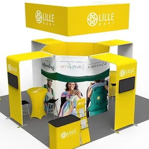 OEM Portable Expo Stand Tradeshow Booth 10ft Tension Fabric Display Exhibition Booth Hot Sale 3x3 with Ceiling Hanging Banners