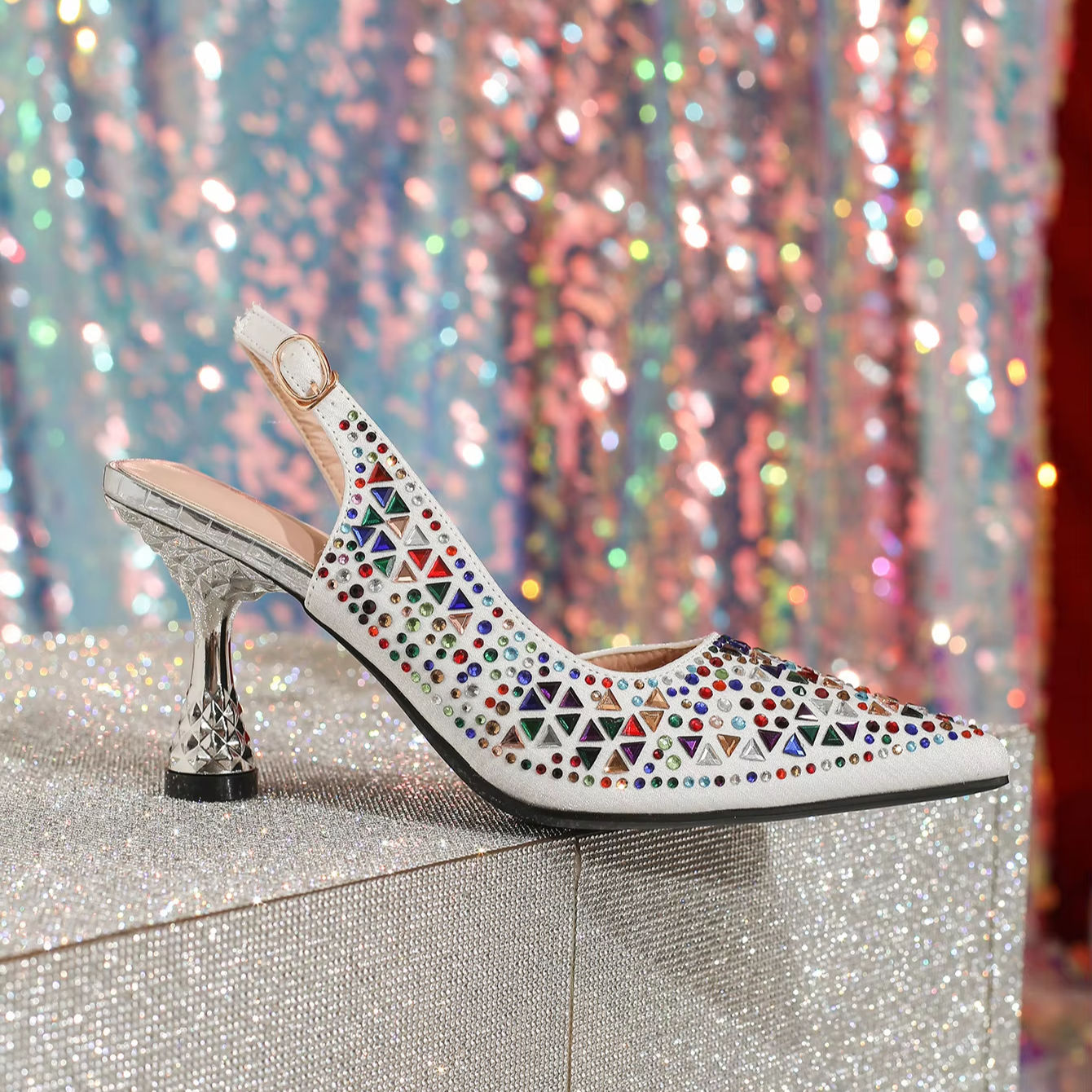 BUSY GIRL LL4756 Womens High Heels Multicolor Rhinestone Slingback White  Dress Shoes Size 11 Elegant Fashion Women Pumps Heels