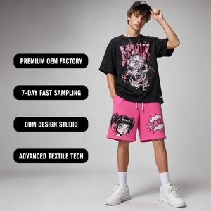 Pantalones Cortos Personalizados OEM de Algodón Grueso Color Magenta Rosa con Gráficos para Hombre, Estilo Y2K, Arte Pop, Apliques de Dibujos Animados, Holgados, Estilo Urbano - Product Image 1