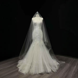 Robe de mariée sirène moderne NT46, longue, sans bretelles, en dentelle brodée, tulle, avec appliques florales en cristal - Product Image 1