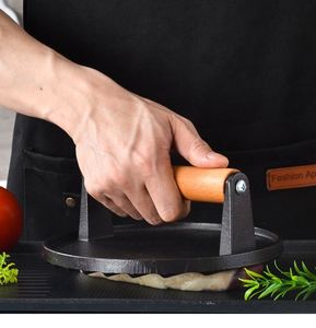 Prensa de hierro fundido para hamburguesas y carne de res con mango de madera, para asar carne a la parrilla, tabla metálica duradera - Product Image 2