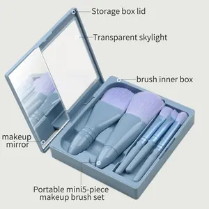 2024 New 5pcs Makeup Brush Set With Makeup Mirror And Storage Box Portable Mini Delicate Soft Fiber Wool Cosmetic Brushes Kit