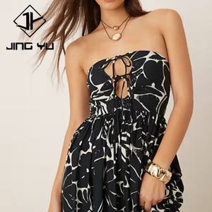 2026 New Monochrome Floral Pattern Tie-Waist Strapless <b>Beach</b> <b>Dress</b> in High-Quality <b>Linen</b> Maxi <b>Dress</b> - Product Image 3