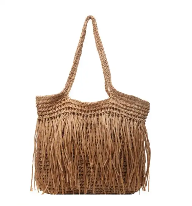 2024 Alibaba online shopping female seaside holiday straw bags handbag, new fashion beach straw bags with tassel low moq