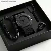 Ensemble cadeau 1158 Cs008, quatre pièces, bagues, bracelets, colliers noirs, montre à quartz musulmane sans boîte, montre arabe en plastique Aura pour hommes