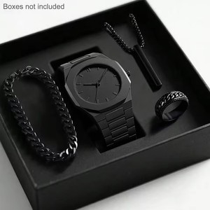 Ensemble cadeau 1158 Cs008, quatre pièces, bagues, bracelets, colliers noirs, montre à quartz musulmane sans boîte, montre arabe en plastique Aura pour hommes - Product Image 5