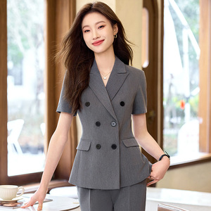 Women's Suit Set Short Sleeve Notched Collar Worsted Fabric Spring 2025 Office Lady Anti-Wrinkle Business Wear - Product Image 3