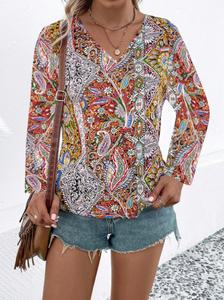 Top Casual Personalizado de Verano para Mujer, Estilo Vintage, Transpirable, Holgado, con Estampado Paisley, Cuello en V, Diseño Floral, Tejido con Método de Tejido - Product Image 6