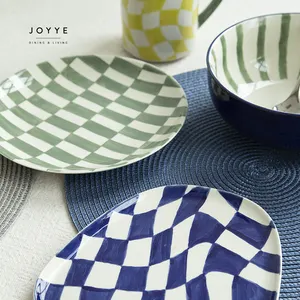 JOYYE New Design Fashion Checkerboard Dinner Plate Set Hand-painted Colored Creative Pattern Ceramic Dinnerware Tableware