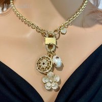 NM52436 Plaqué Or Rolo Chaîne Fermoir Perle Roue Fleur Coeur Forme CZ Micro Pave Charme Pendentif Collier Bijoux Cadeau