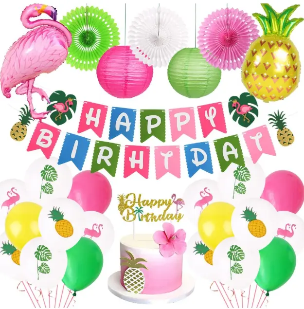 Tropische Hawaii Aloha-Thema Geburtstagsparty Ananas Flamingo Kuchen Topper Banner Fächer Laterne und Helium-Ballons Dekorzubehör