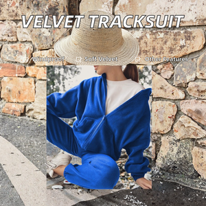Conjunto Deportivo de Terciopelo para Mujer, Primavera, Antiencogimiento, Ecológico, Cortavientos, Sudadera con Capucha y Bolsillos con Cremallera + Pantalones Harem con Cintura Elástica, Casual - Product Image 2