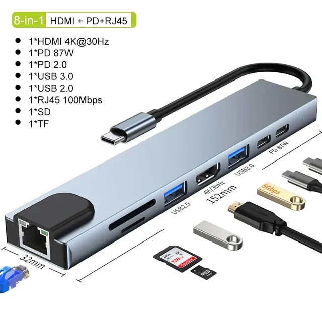 USB Type C Hub 8In1 31 to 4K for RJ45 SD/TF Card Reader PD Fast Charge 3.0 for MacBook/Laptop