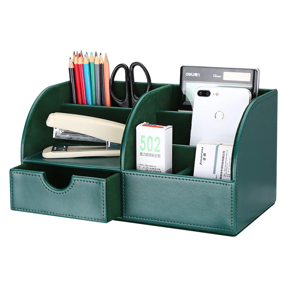 Office Desk Organizer Desktop Stationery PU Leather Storage Boxes Wood Pen Holder Pencil Organizer