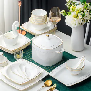 High Quality White Body Luxury Gold Rim Ceramics Tableware Circular Square Dinner Plates Set Dinnerware Hotel Supplier