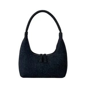 Vente en gros Sac à main en tissu denim bleu Sac à main en demi-lune sous les bras Sac à poignet pochette à carreaux bleu clair pour femmes