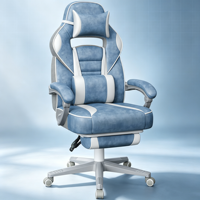 Chaise de jeu ergonomique en cuir PU bleu et blanc avec accoudoirs articulés et repose-pieds rétractable – Vente en gros