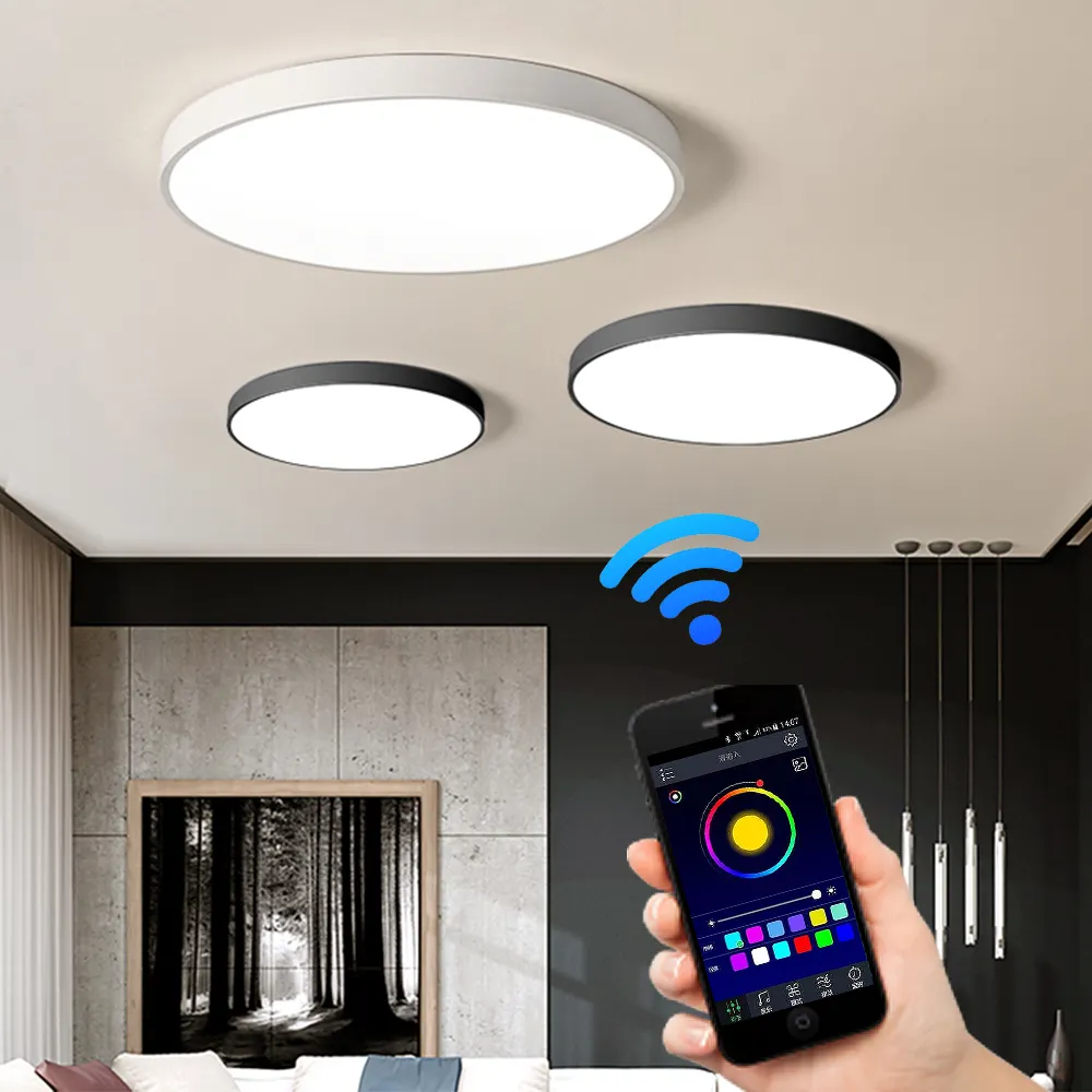 OKELI Round mounted ultra thin 24W 28W 38W 48W dimmable led ceiling light fixture with remote control