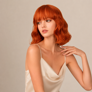 Perruque Bob Courte Ondulée Cuivre Orange avec Frange, Résistante à la Chaleur, <span class=keywords><strong>Cheveux</strong></span> Synthétiques pour Femme, Usage Quotidien, Cosplay, Fêtes, Vente Directe Usine - Product Image 5