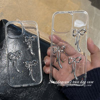 Coque de téléphone transparente en époxy avec nœud 3D argenté et paillettes, style Spicy Girl tendance, pour iPhone 11 12 13 14 15 Plus 16 17 18 Pro Max